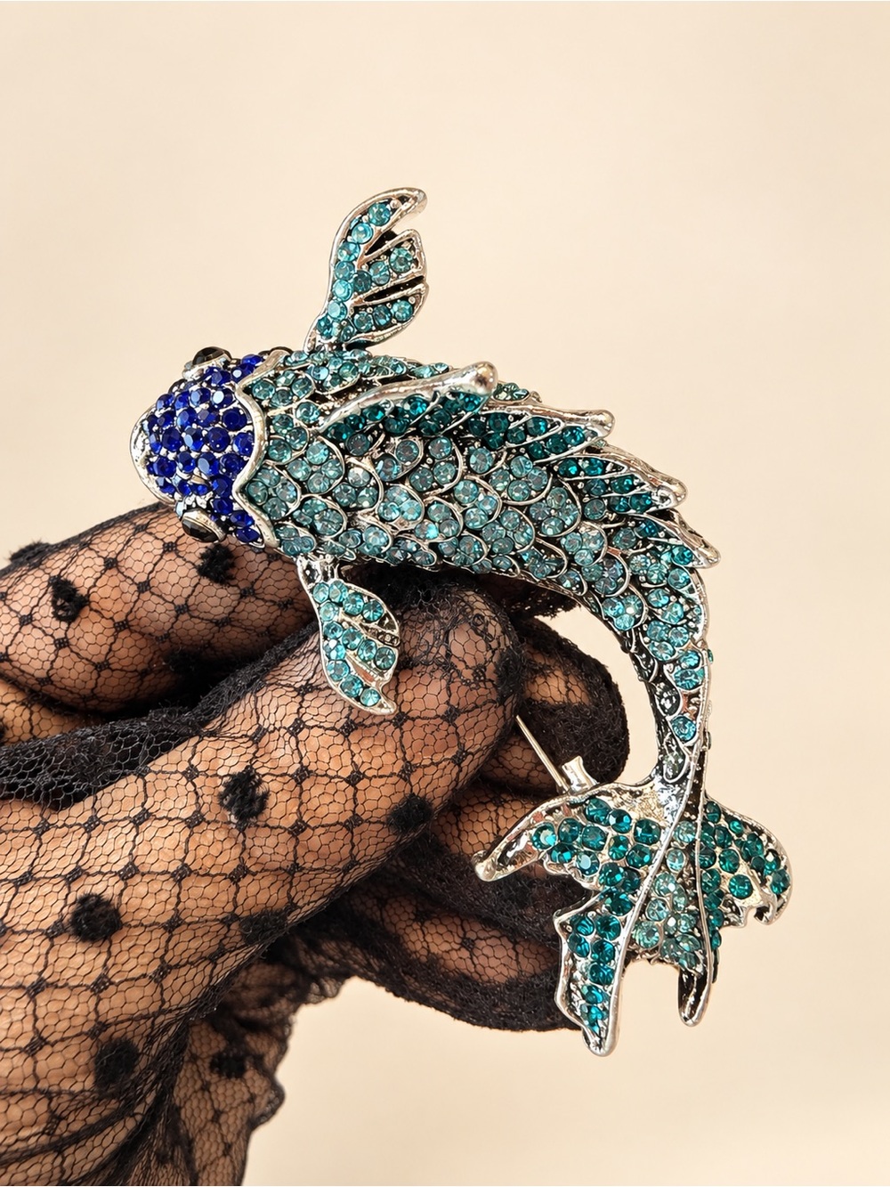 Blue Koi Fish Crystal Silver Brooch